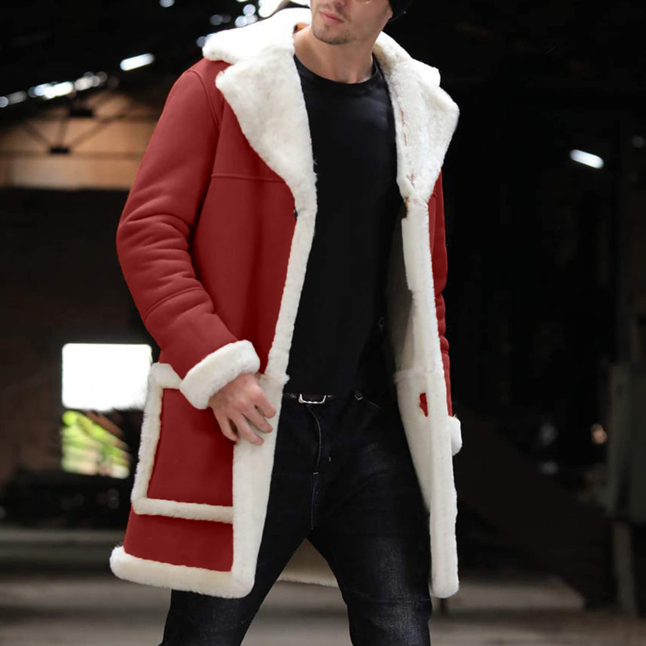 Men's Santa Claus Christmas Sherpa Fur Long Red Wool Trench Coat
