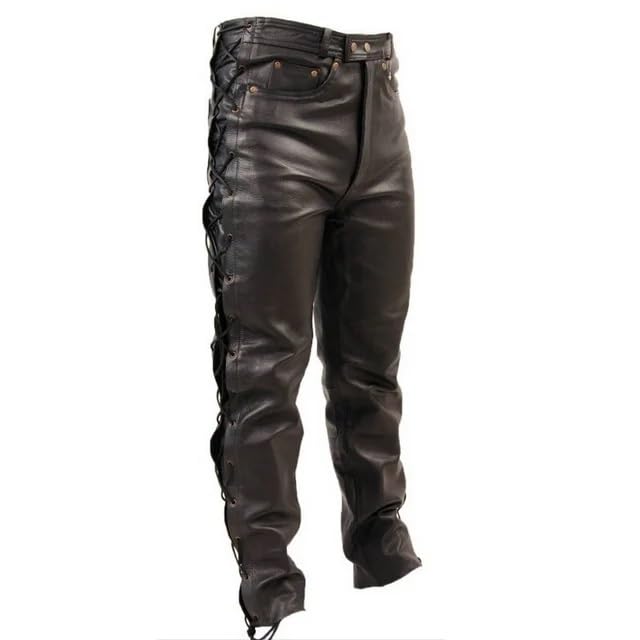 Men's Side Lace up Leather Pant Jeans Trouser - 5 Pockets Design Pant - Motorcycle Biker Style Outerwear Black