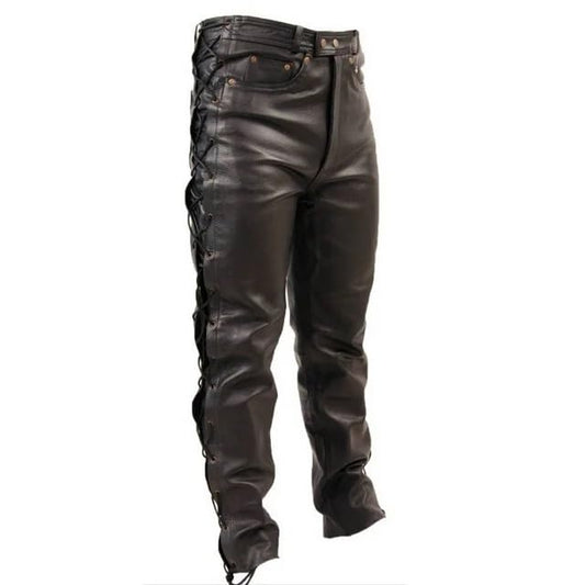 Men's Side Lace up Leather Pant Jeans Trouser - 5 Pockets Design Pant - Motorcycle Biker Style Outerwear Black