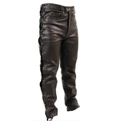 Men's Side Lace up Leather Pant Jeans Trouser - 5 Pockets Design Pant - Motorcycle Biker Style Outerwear Black