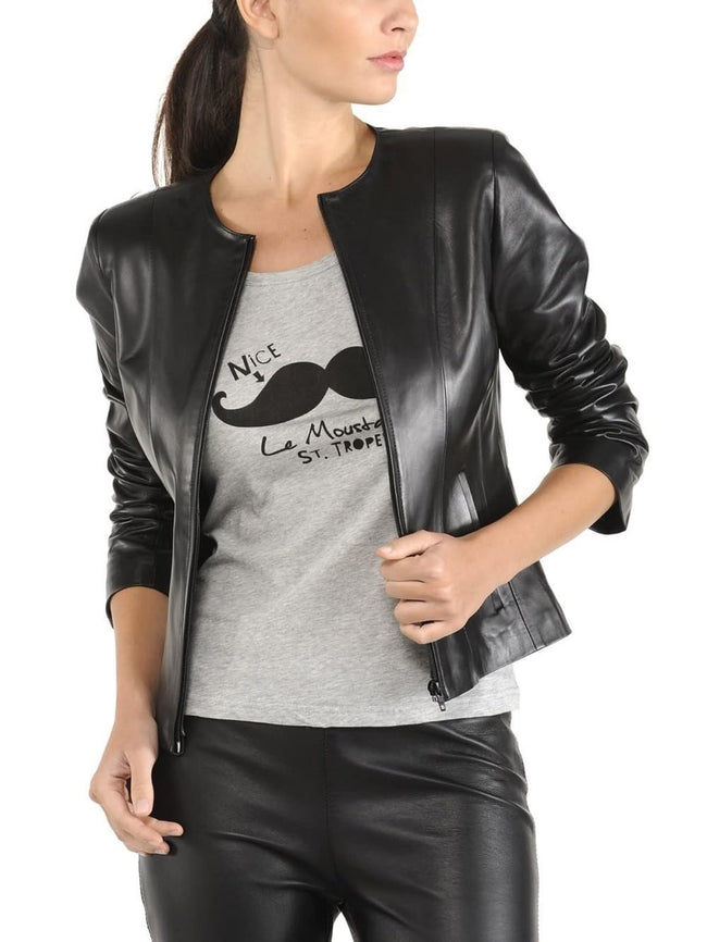 Women's Black Geniune Lambskin Cafe Racer Slim-Fit Leather Jacket