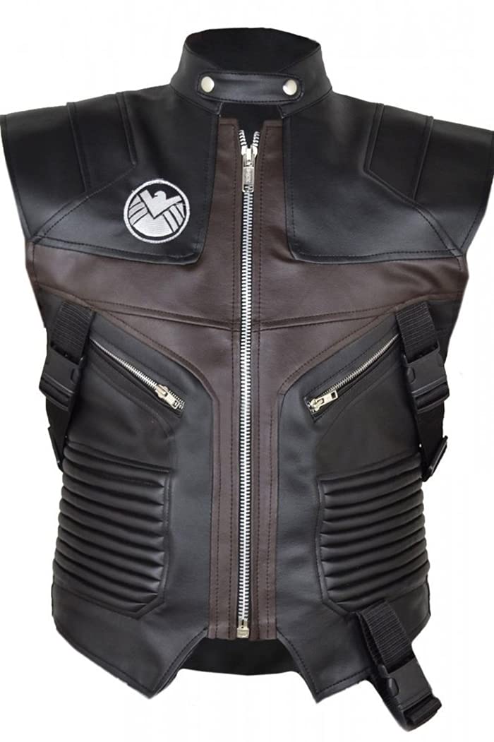 A black leather vest with brown accents, featuring a front zipper closure, two front side zippers, and an inside pocket. The vest has a ribbed design and is fitted with a logo patch on the chest.