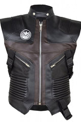 A black leather vest with brown accents, featuring a front zipper closure, two front side zippers, and an inside pocket. The vest has a ribbed design and is fitted with a logo patch on the chest.