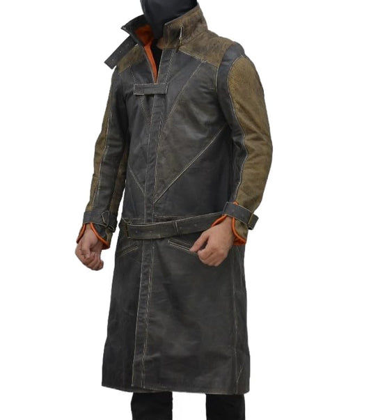 Watch Dogs Aiden Pearce Video Game Long Brown Belted Trench Leather Coat