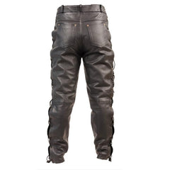 Men's Side Lace up Leather Pant Jeans Trouser - 5 Pockets Design Pant - Motorcycle Biker Style Outerwear Black