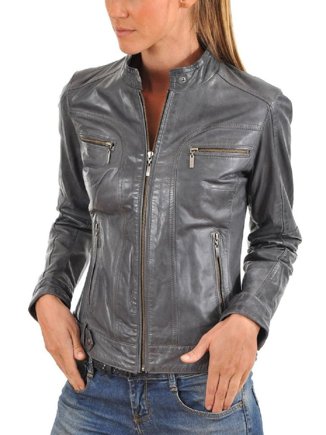 Women's Waxed Grey Geniune Lambskin Cafe Racer Leather Jacket