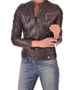 Women's Brown Geniune Lambskin Cafe Racer Leather Jacket