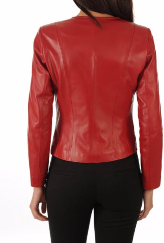 Women's Red Geniune Lambskin Cafe Racer Slim-Fit Leather Jacket