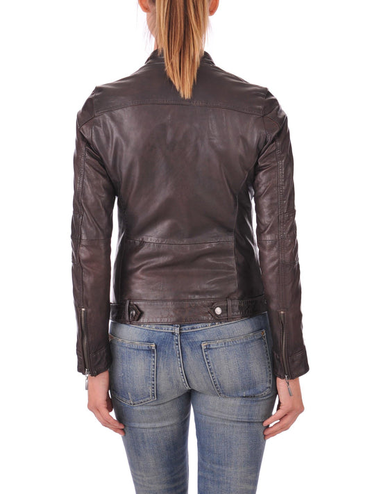 Women's Brown Geniune Lambskin Cafe Racer Leather Jacket