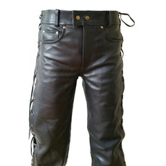 Men's Side Lace up Leather Pant Jeans Trouser - 5 Pockets Design Pant - Motorcycle Biker Style Outerwear Black