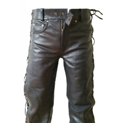 Men's Side Lace up Leather Pant Jeans Trouser - 5 Pockets Design Pant - Motorcycle Biker Style Outerwear Black