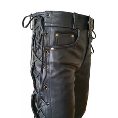 Men's Side Lace up Leather Pant Jeans Trouser - 5 Pockets Design Pant - Motorcycle Biker Style Outerwear Black