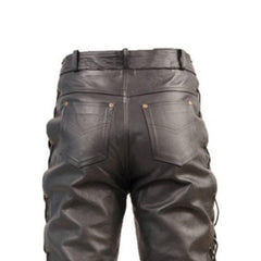 Men's Side Lace up Leather Pant Jeans Trouser - 5 Pockets Design Pant - Motorcycle Biker Style Outerwear Black