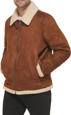 Men Suede Leather-Bomber Jacket With Shearling Lining