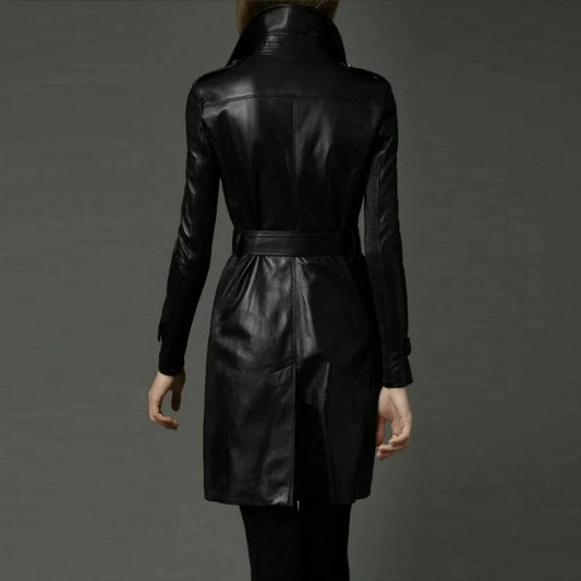 Women's Black Double Breasted Long Trench Belted Coat With Lapel Collar