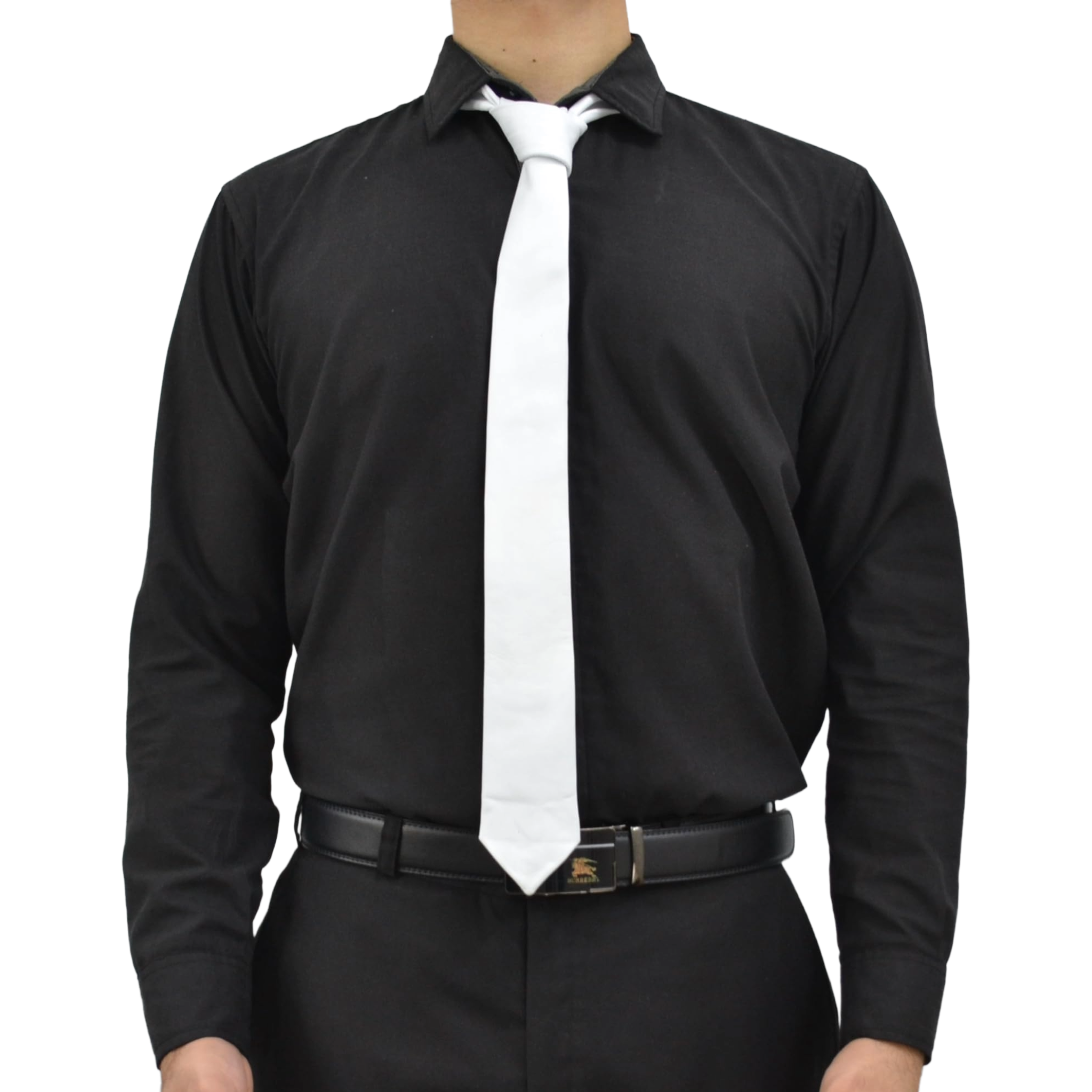 Man wearing a white genuine leather necktie with a black dress shirt