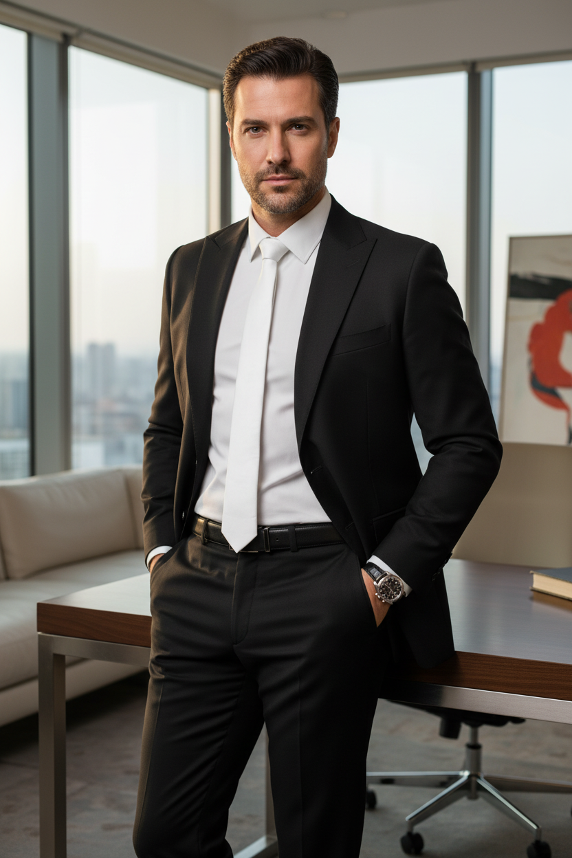 A man in a black suit, white dress shirt, and white tie stands in a modern office setting with large windows, a desk, and a sofa in the background.
