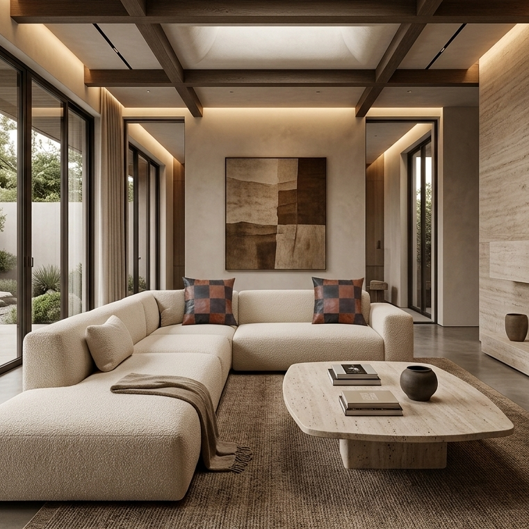 Pair of brown and beige checkered leather pillows on a luxury cream boucle sectional sofa