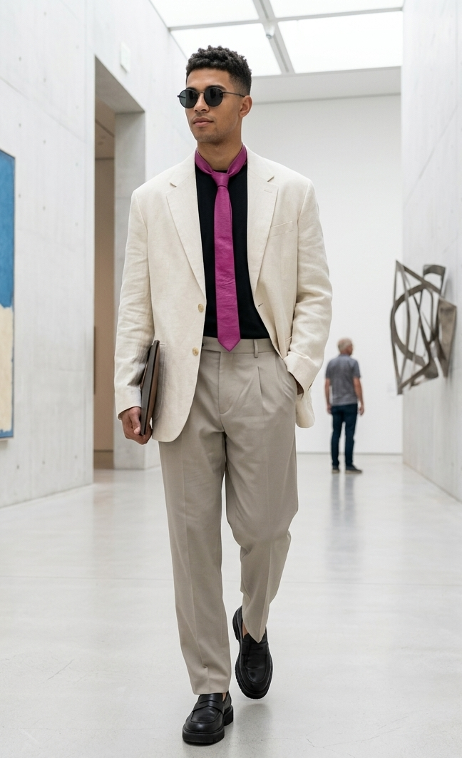 A man walking through a modern art gallery wearing a cream-colored linen blazer, beige trousers, a black shirt, and a bright magenta tie.