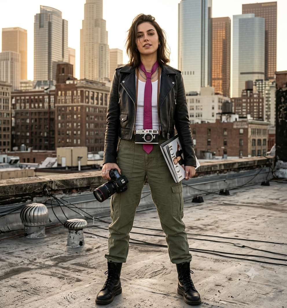 A woman stands on a city rooftop at sunset wearing a black leather jacket, olive green cargo pants, a white top, a bright pink tie, and black combat boots, holding a camera and a book.