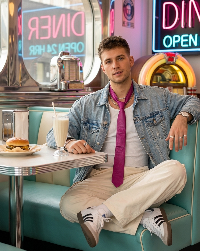 A man sitting in a retro diner booth wearing a light blue denim jacket, a bright magenta tie, a white t-shirt, beige pants, and white sneakers. A milkshake and a burger are on the table next to him.