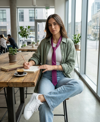 A woman sits at a wooden table in a bright, modern cafe, wearing a sage green button-up shirt, light blue jeans, white sneakers, a white top, and a bright purple tie. She is writing in a notebook with a pencil, with a cup of coffee on the table in front of her.