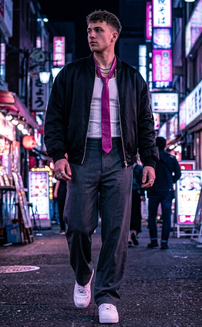 A man walking down a neon-lit city street at night, wearing a black bomber jacket, white shirt, bright pink tie, dark gray trousers, and white sneakers.