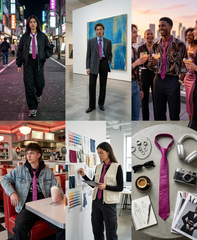 A six-panel collage showing a man wearing a bright magenta-purple tie in different settings: walking on a city street at night, standing in a gallery, socializing with friends, sitting in a diner, reviewing color swatches, and a styled flat-lay with headphones, sunglasses, sketchbook, coffee, and accessories.