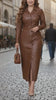 Women's Brown Real Leather Long Trench Coat Costume