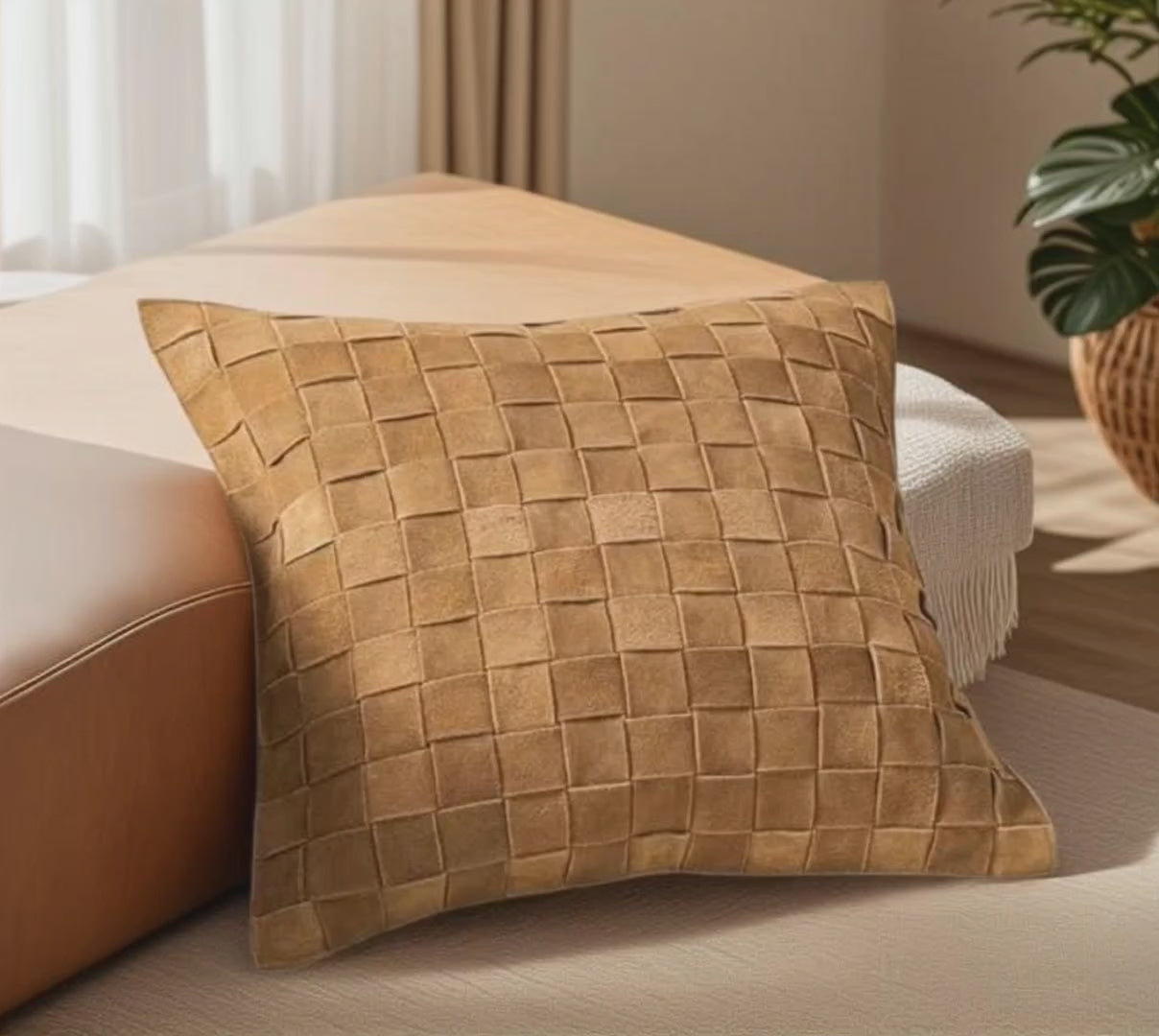 Premium Suede Leather Woven Cushion Cover - Basketweave Pillow Case