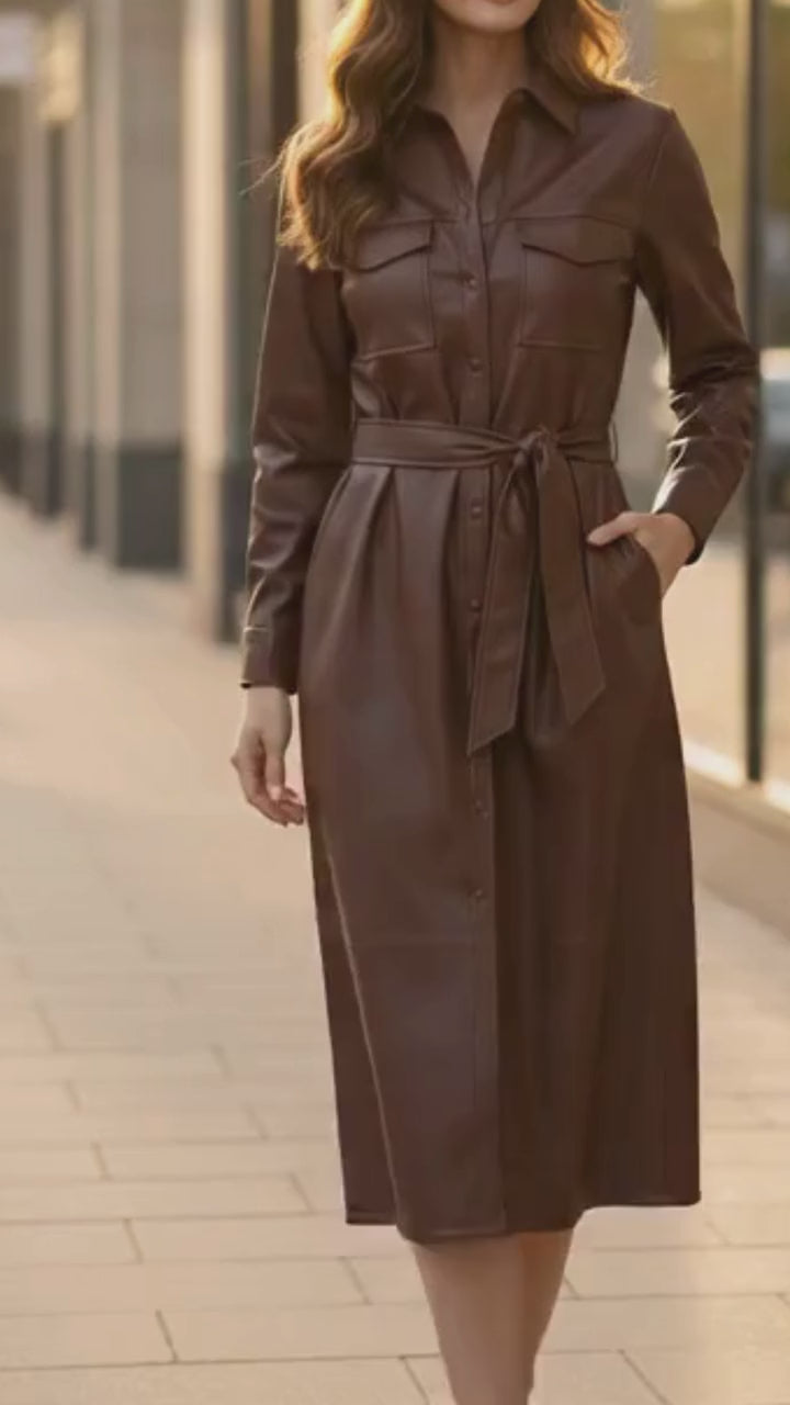 Women's Brown Genuine Leather American New Style Long Trench Coat