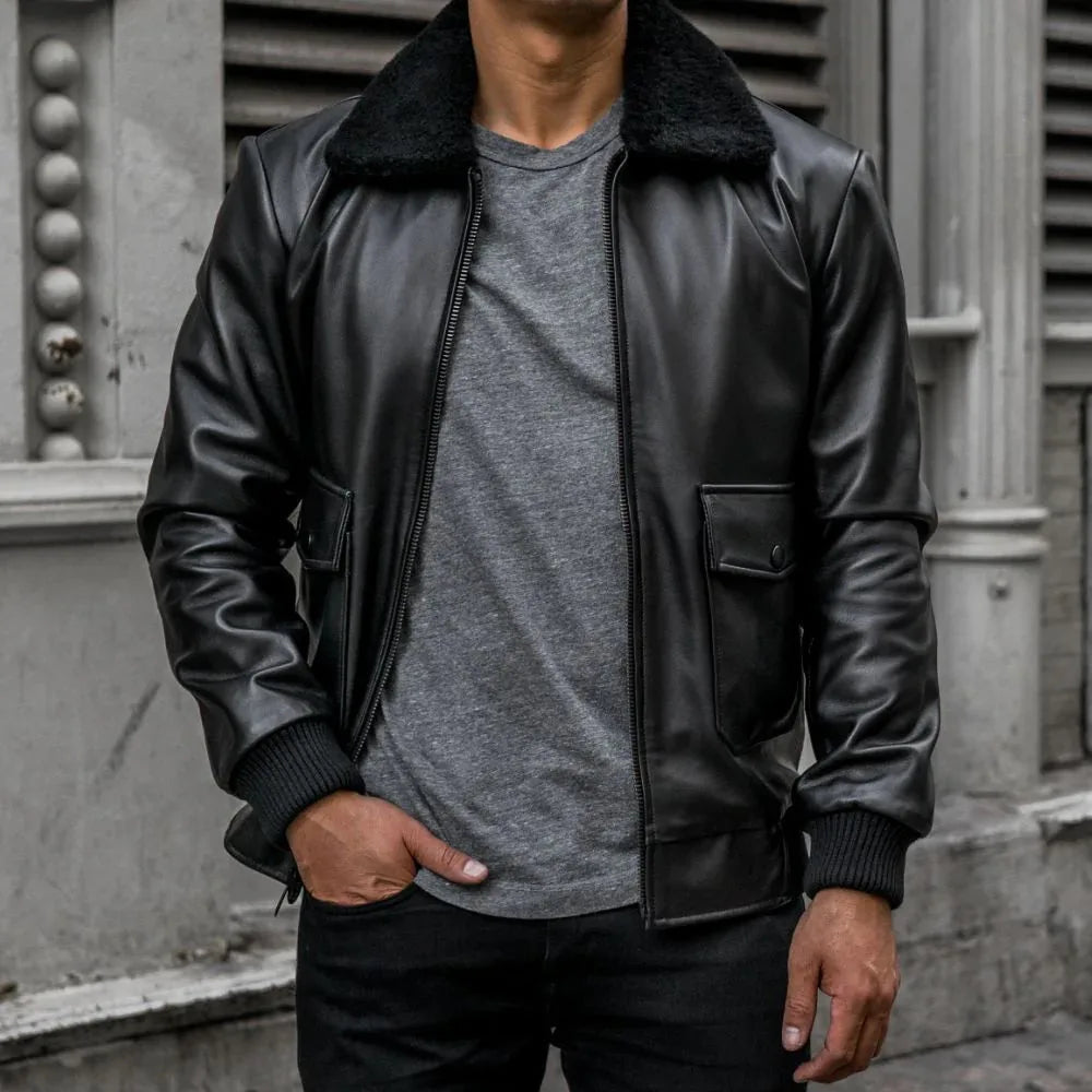 G-1 Flight Men’s Black Genuine Cowhide Leather Bomber Aviator Jacket