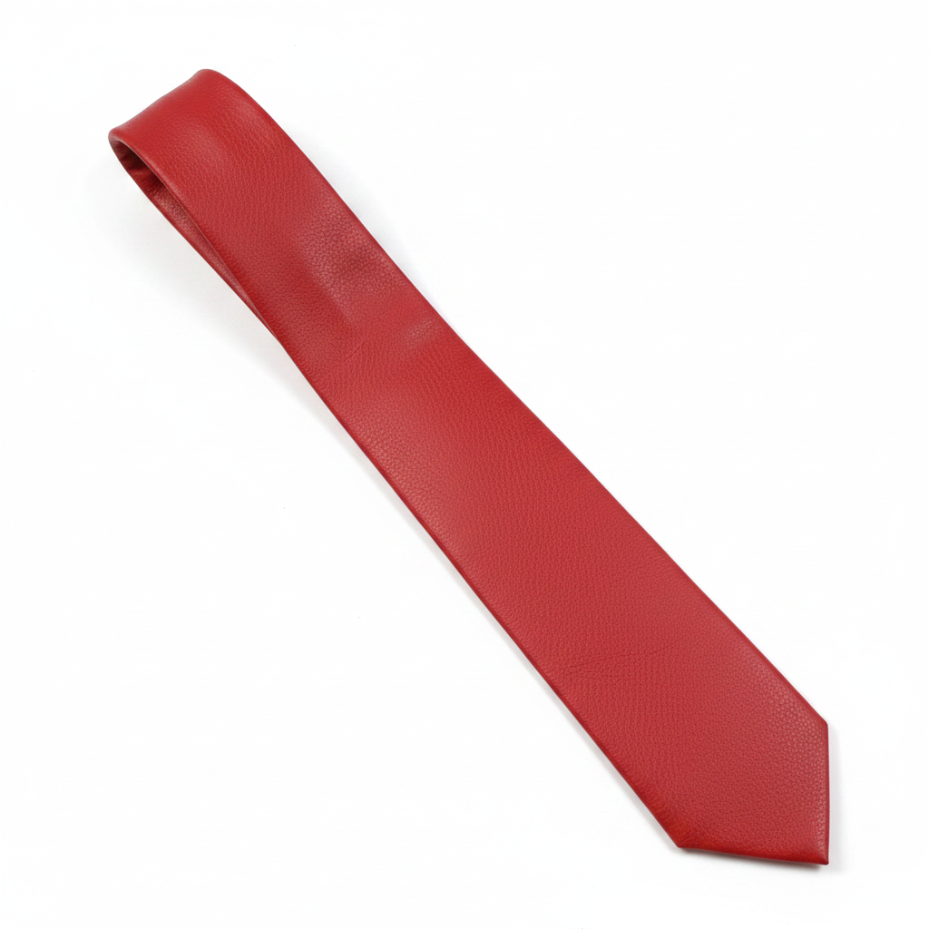 A red textured leather necktie laid diagonally on a plain white background.