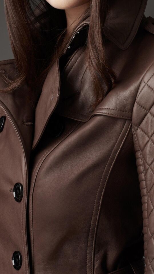 Women's Double-Breasted brown Quilted Genuine Lambskin Leather Belted Overcoat