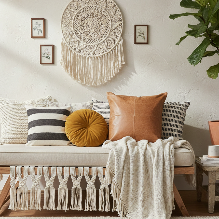A cozy living room scene with a cream upholstered bench or daybed styled with multiple throw pillows, including a mustard round cushion, a tan leather pillow, striped pillows, and a cream knit blanket draped over the front. A large woven circular wall hanging and smaller framed prints adorn the off-white wall, with a leafy plant in the upper right corner.