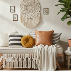 A cozy living room scene with a cream upholstered bench or daybed styled with multiple throw pillows, including a mustard round cushion, a tan leather pillow, striped pillows, and a cream knit blanket draped over the front. A large woven circular wall hanging and smaller framed prints adorn the off-white wall, with a leafy plant in the upper right corner.