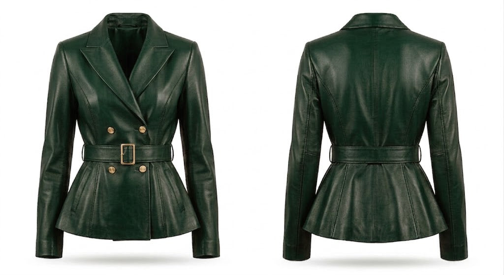 A dark green leather blazer jacket shown from both the front and back views. The front view shows a double-breasted design with gold-tone buttons and a matching waist belt with a gold buckle.