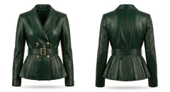 A dark green leather blazer jacket shown from both the front and back views. The front view shows a double-breasted design with gold-tone buttons and a matching waist belt with a gold buckle.