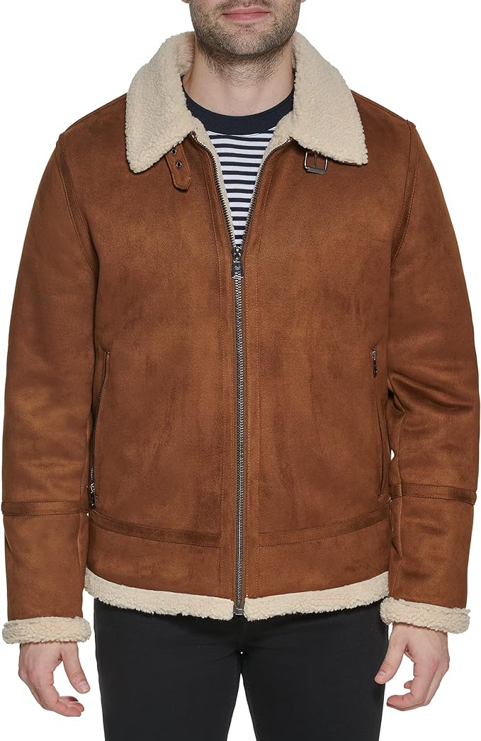 Men Suede Leather-Bomber Jacket With Shearling Lining