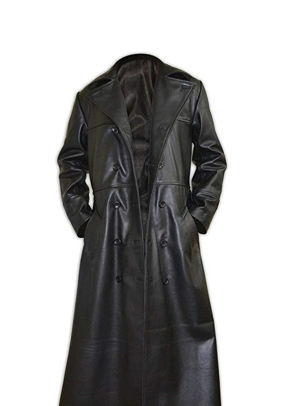 Mens Black Leather Trench Coat Full Length - Long Leather Coat