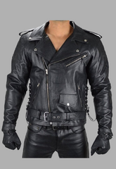Biker Motorcycle Side lace-up Leather Jacket Men's
