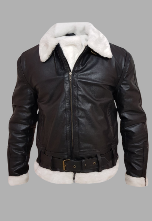 Mens Black Bomber Flying Aviator White Fur Genuine Leather Jacket