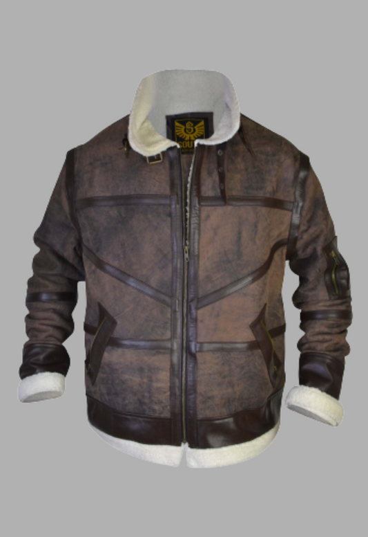 Mens Shearling Fur Brown Suede Leather Bomber Jacket