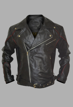 Black Leather Biker Jacket With Red Piping Design Men's – South