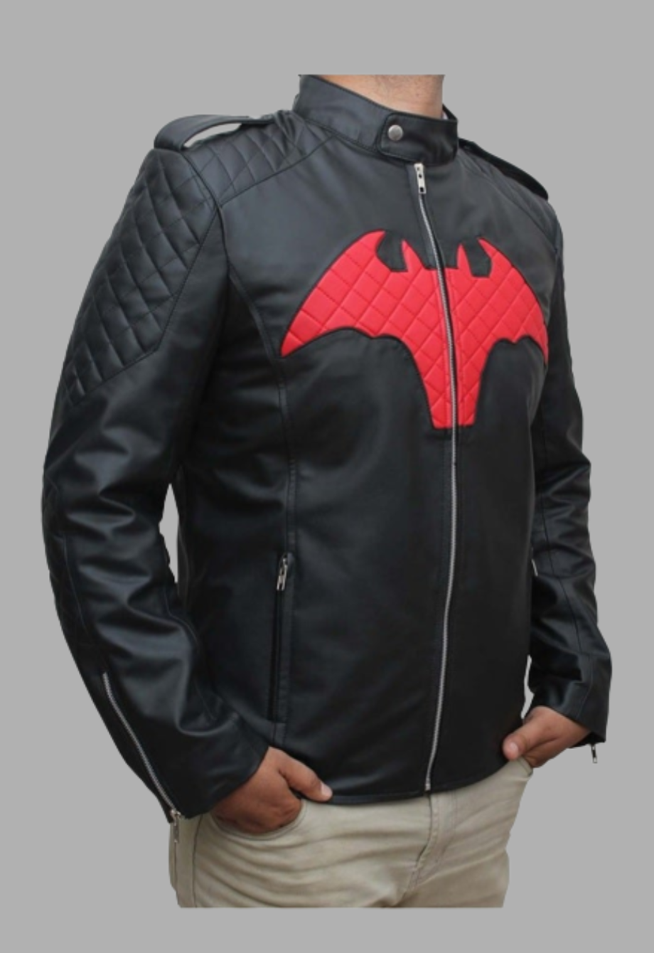 Red Bat Logo Black Genuine Racer Quilted Padded Leather Jacket