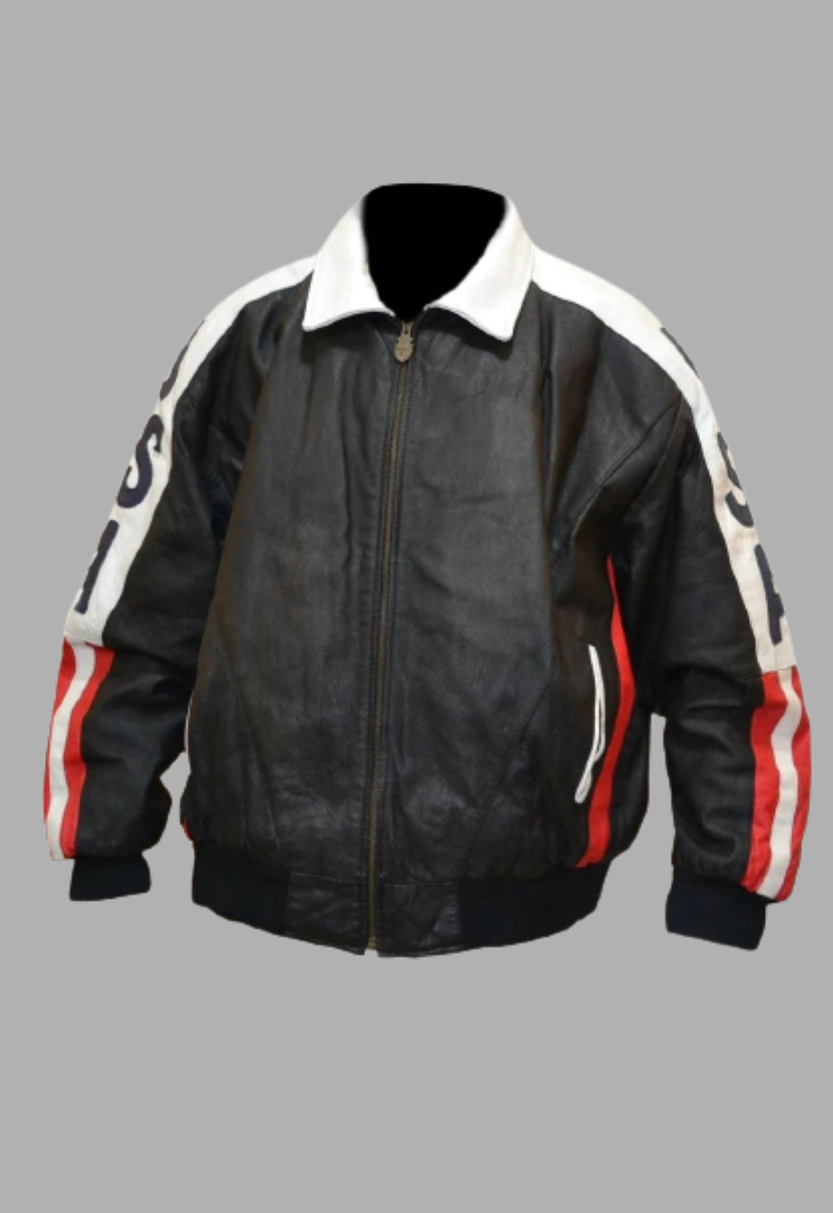 Mens Designer USA Flag Bomber Style Black & White Leather Jacket