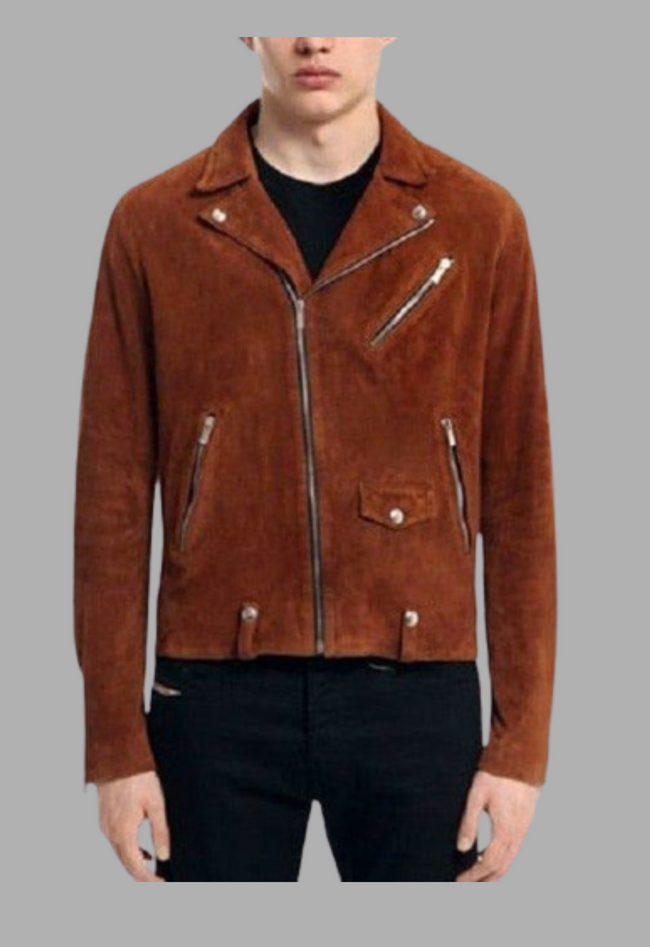 Mens Designer Suede Biker Brown Leather Jacket