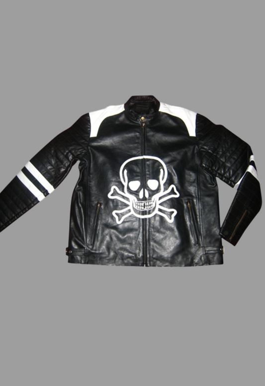 Skull and Bones Custom Made Cafe Racer Real Sheepskin Leather Jacket Men's