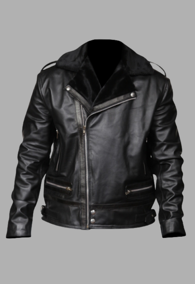 Men’s Asymmetrical Zipper Black  Fur Lined Jacket