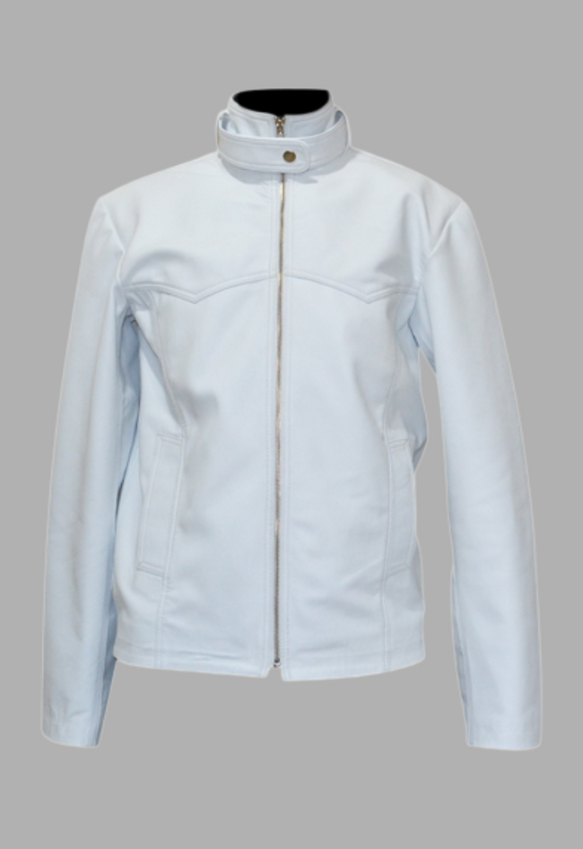 Mens White Snap Collar Leather Jacket